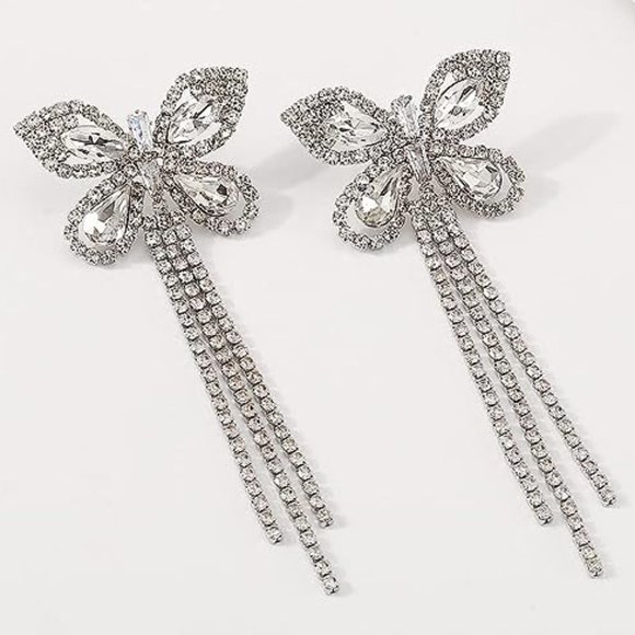 Butterfly Chandelier Pave Rhinestone CZ Crystal Silver Earrings Butterflies New - Picture 1 of 6